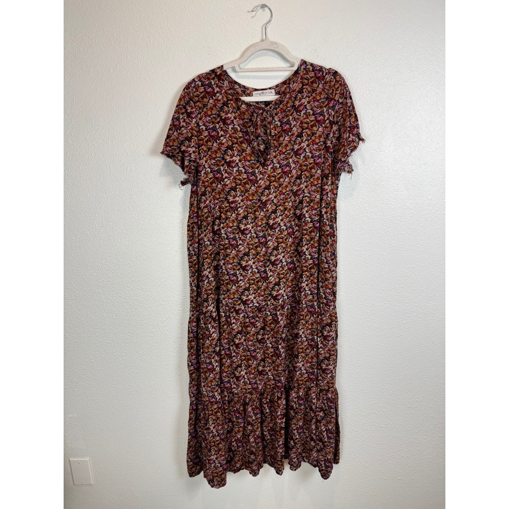 Natural Life Maxi Dress Womens L/XL Brown Floral Tiered Short Sleeve Boho